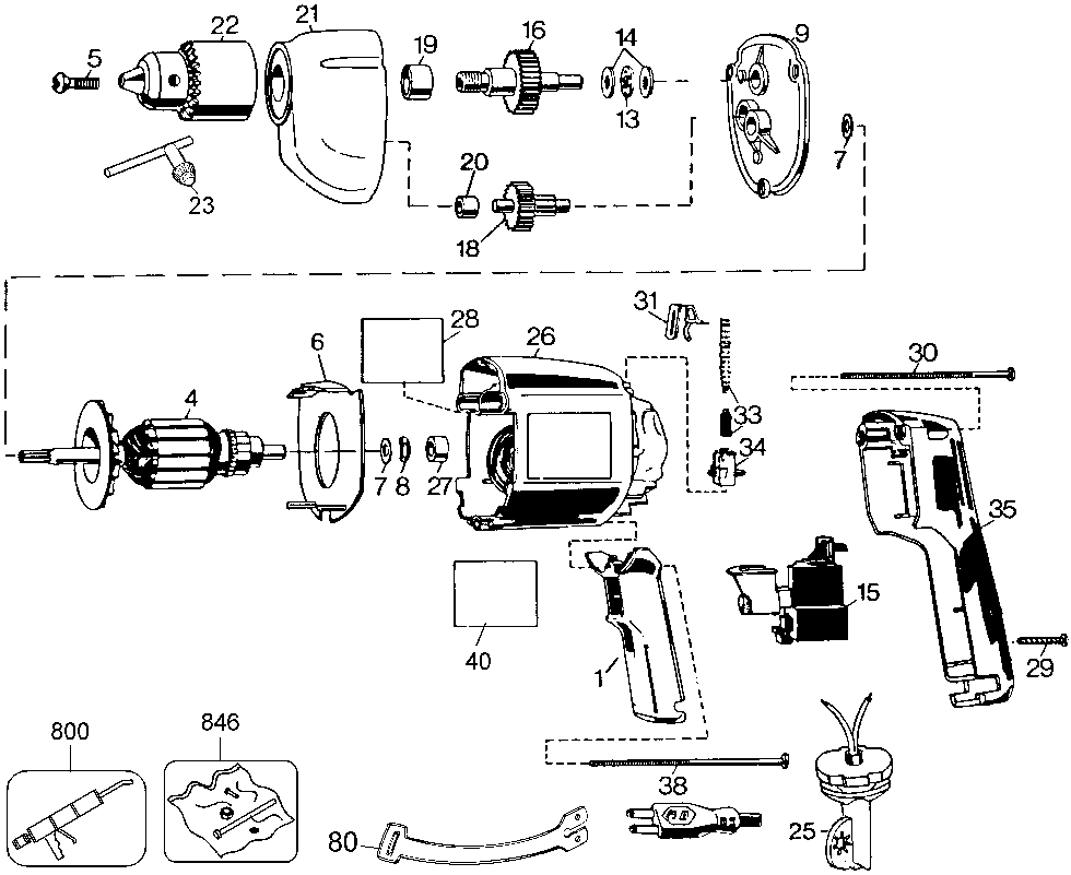 Default Diagram and Parts List for 7190V Type 2 Black and Decker Boring Machine